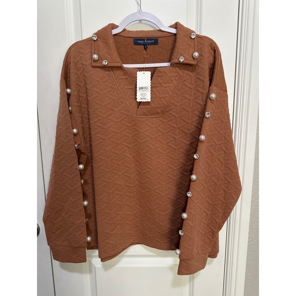 Simply Southern Mocha Quilted Pearl Rhinestone V-Neck Pullover Top Large NWT